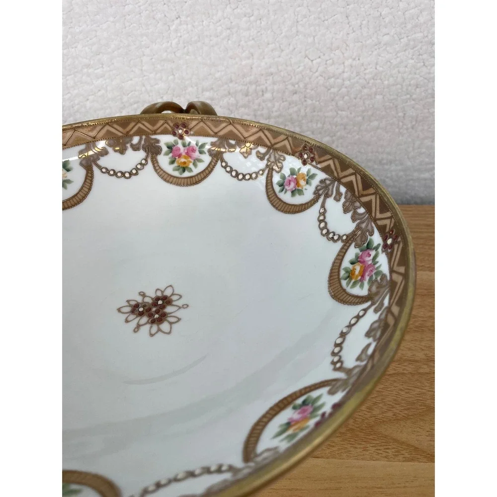 Antique Nippon Hand Painted Porcelain Pedestal Bowl Gold Moriage Floral 10.25